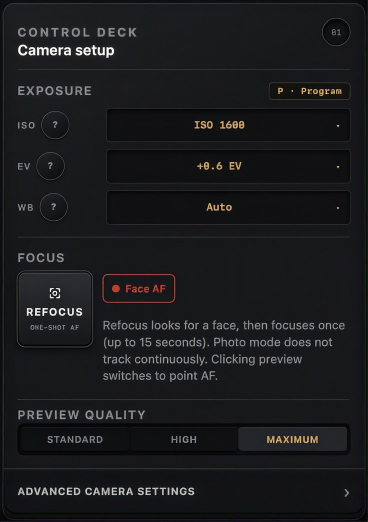 ViewportCam control deck showing exposure settings, one-shot autofocus, and preview quality