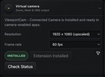 ViewportCam virtual camera controls showing the installed extension, upscaled 1080p resolution, and 60 fps output setting